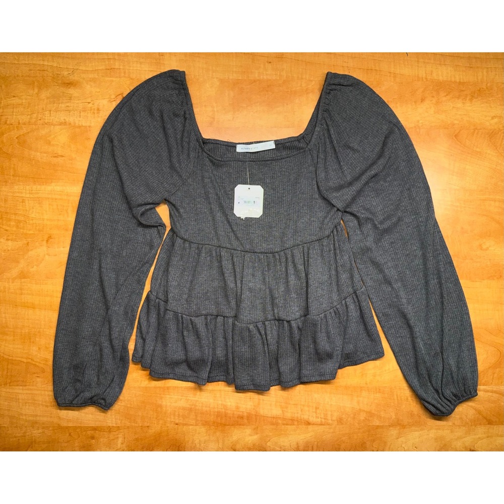 Altar'd State Charcoal Grey Ribbed Babydoll Top Square Neck Puff Sleeve M